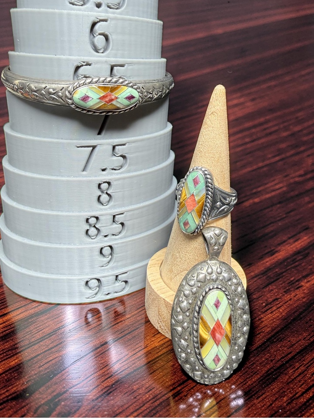 Sterling Silver Multi-Color Inlay Bracelet, Ring & Pendant Set - Picture 2 of 2